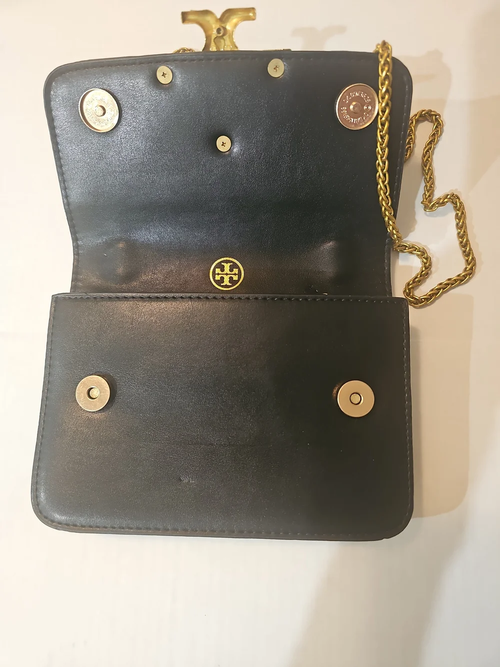 Tory Burch Black Leather Flap Shoulder Bag Crossbody Large Gold Logo Chain